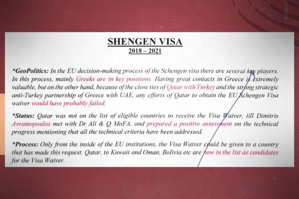 Σημειώσεις από το αρχείο «Shengen Visa» που βρέθηκε στον υπολογιστή του Φραντσέσκο Τζόρτζι. Αναφέρεται μεταξύ άλλων: «Στη διαδικασία λήψης αποφάσεων της ΕΕ για τη βίζα Σένγκεν υπάρχουν πολλοί παίκτες-κλειδιά. Σε αυτή τη διαδικασία κυρίως Έλληνες βρίσκονται σε θέσεις κλειδιά». Πηγή: Έγγραφα EIC.